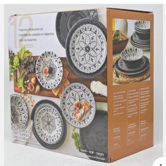 Pandex Melamine 12-piece Dinnerware Set Dishwasher safe indoor & outdoor Black - Picture 2 of 8